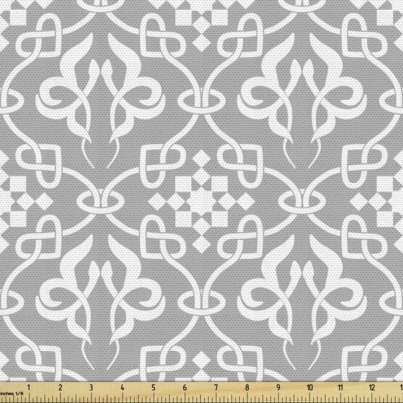 Ambesonne Irish Fabric by the Yard Upholstery, Royal Floral Curves Tile, 2 Yards, Grey and White