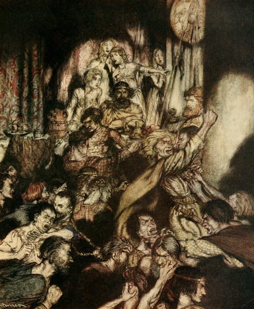 Irish Fairy Tales 1920 Banqueting hall in turmult Canvas Art - A Rackham (24 x 36)