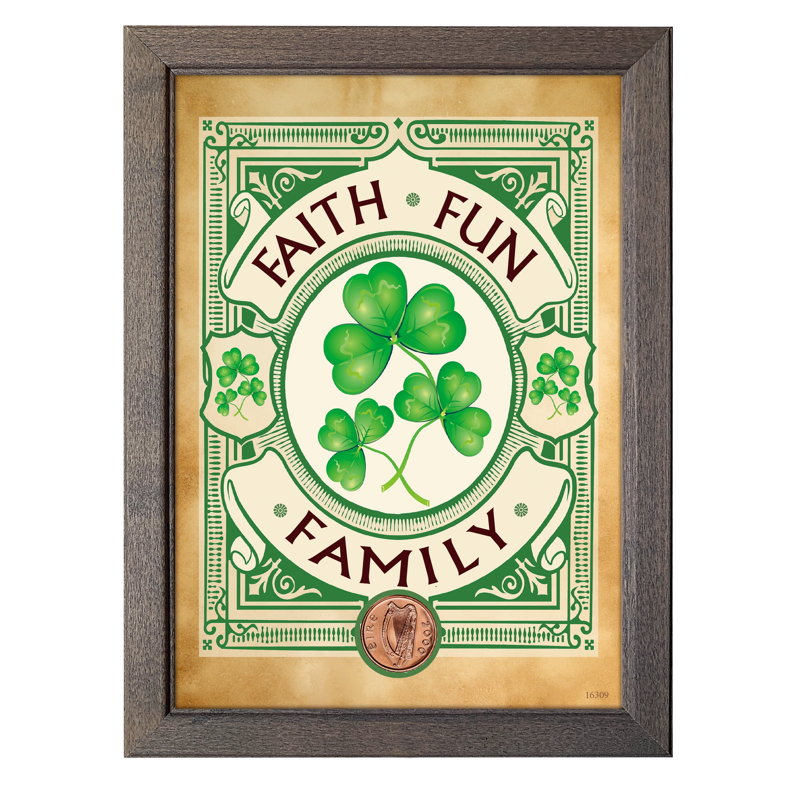 Irish Penny Coin in Gray Wood Frame with Shamrock Design