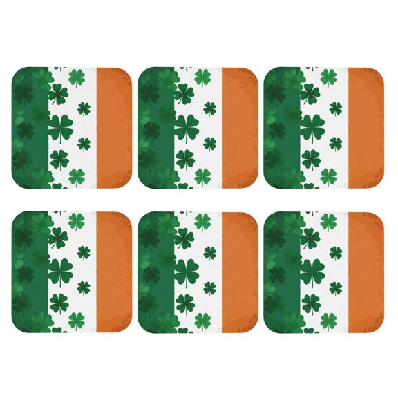 Irish Flag Shamrock Pattern Leather Coasters for Drinks Perfect for Living Room, Kitchen, or Outdoor Use Set of 6 Square