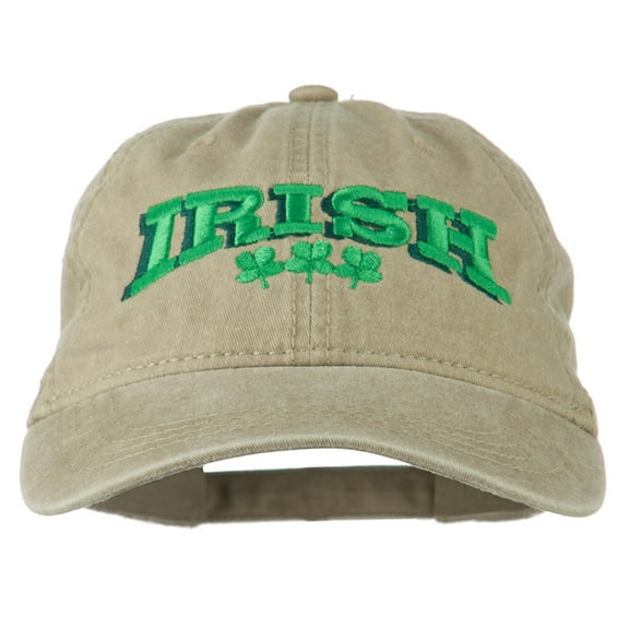 Irish Four Leaf Clover Embroidered Dyed Cap - Khaki OSFM