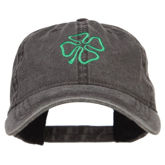 Irish Four Leaf Clover Embroidered Washed Cap - Black OSFM