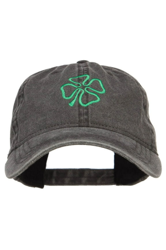 Irish Four Leaf Clover Embroidered Washed Cap - Black OSFM