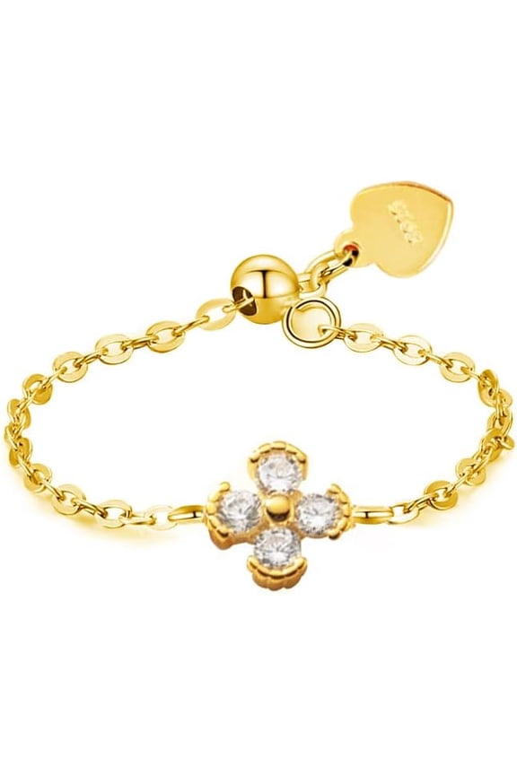 Irish Four Leaf Clover Shamrock Ring Cubic Zirconia Link Chain Statement with Dangle Heart Sterling Silver Adjustable Flower Promise Tassel Rings Fashion Gift for Women Birthday St. Patrick's Day