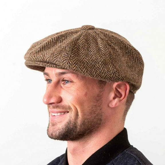 Irish Gatsby Cap for Men – 100% Donegal Tweed Flat Cap, Eight-Panel Newsboy Style, Made in Ireland, Brown Herringbone