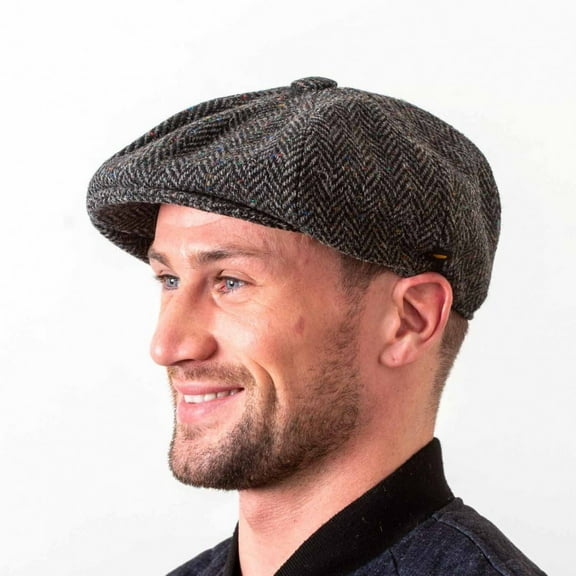 Irish Gatsby Cap for Men – 100% Donegal Tweed Flat Cap, Eight-Panel Newsboy Style, Made in Ireland, Charcoal Herringone