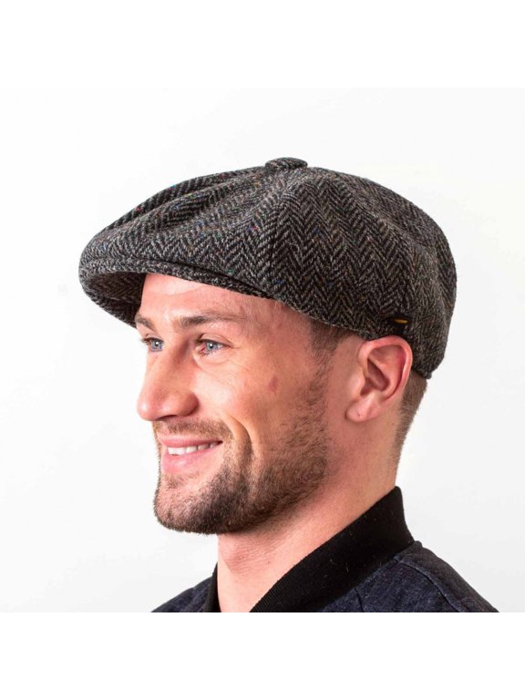 Irish Gatsby Cap for Men – 100% Donegal Tweed Flat Cap, Eight-Panel Newsboy Style, Made in Ireland, Charcoal Herringone