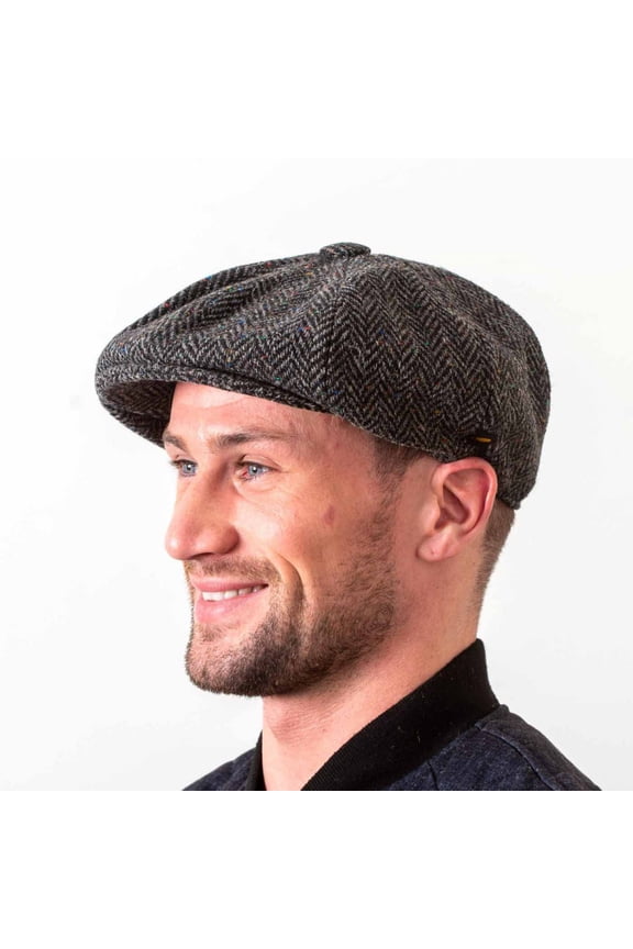 Irish Gatsby Cap for Men – 100% Donegal Tweed Flat Cap, Eight-Panel Newsboy Style, Made in Ireland, Charcoal Herringone
