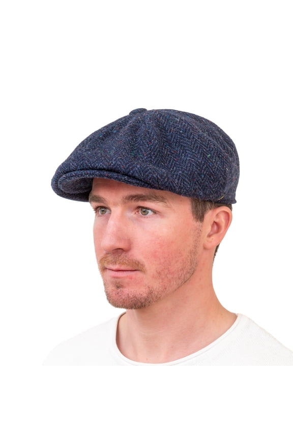 Irish Gatsby Cap for Men – 100% Donegal Tweed Flat Cap, Eight-Panel Newsboy Style, Made in Ireland, Navy Herringbone