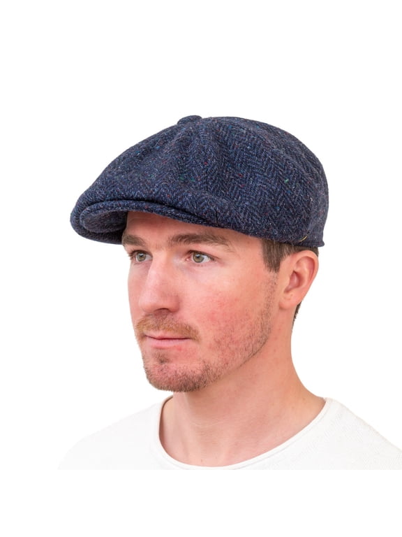Irish Gatsby Cap for Men – 100% Donegal Tweed Flat Cap, Eight-Panel Newsboy Style, Made in Ireland, Navy Herringbone