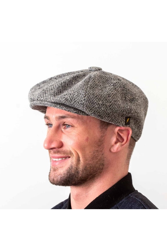 Irish Gatsby Cap for Men – 100% Donegal Tweed Flat Cap, Eight-Panel Newsboy Style, Made in Ireland, Silver Herringbone