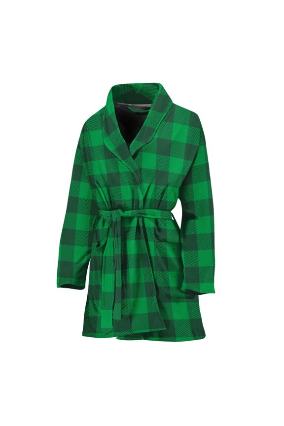 Irish Green Buffalo Check Pattern Women Bathrobe One Size Univeral Fits, Irish St. Patrick'S Day Fashion Lightweight Plush Fleece Long Robe For Women
