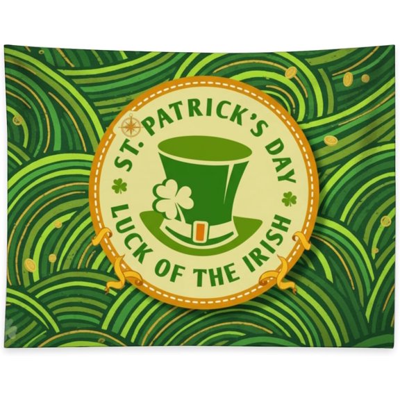 Irish Green Wave Wall Tapestry With Leprechaun Hat and Badge Design 90 x 60 Inch for Bedroom Dorm or Living Room Decor