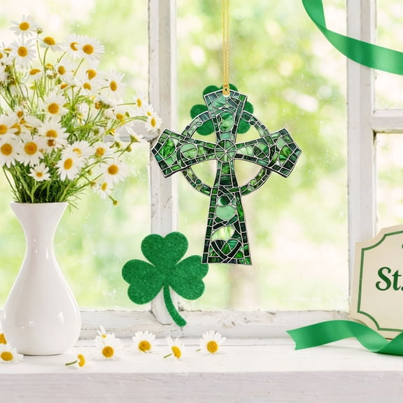 Irish Hanging Ornament Four-Leaf Clover Window Suncatcher Decor in Green White Orange for Tree Door Wall Indoor Outdoor St. Patrick's Day Home Festival Decorations