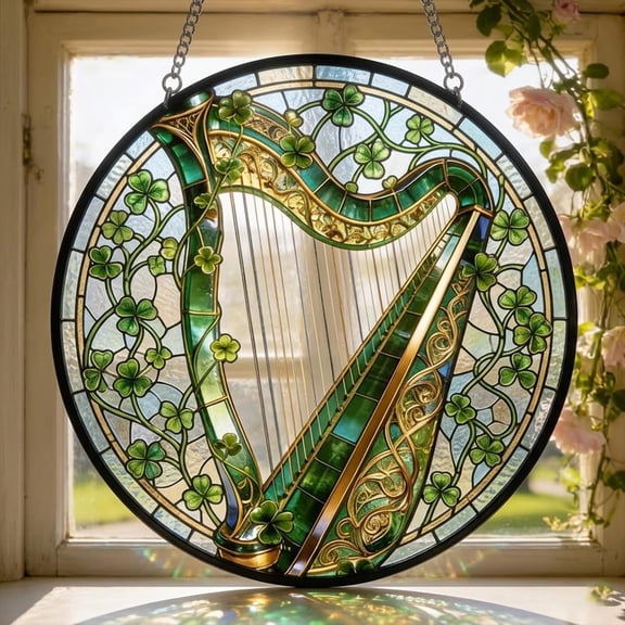 Irish Harp Faux Stained Glass Acrylic Suncatcher, Window Hanging Decor, Music Lover Gift