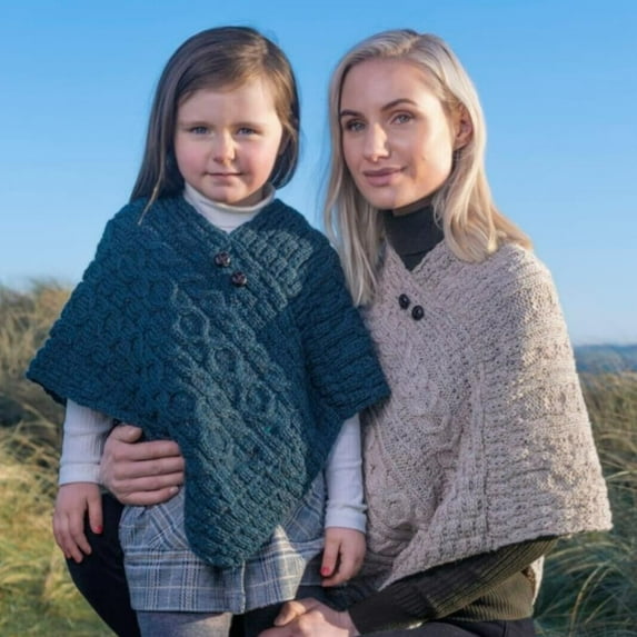 Irish Heritage Wool Blue Poncho For Children Size Medium Made By Aran Woollen Mills