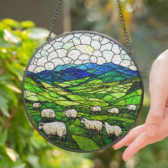 Irish Hills and Sheep Glass Suncatcher, Countryside Landscape Window Art, Nature Lover, 7.9 in