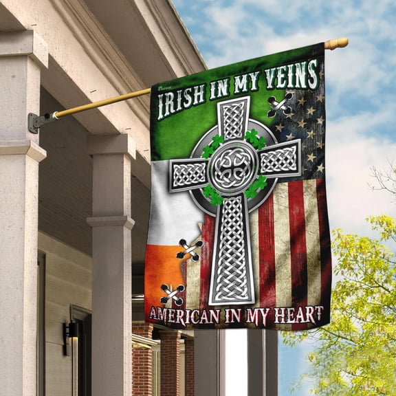 Irish In My Veins, American In My Heart. Celtic Knot Cross Flag - House Flag (29.5" x 39.5")