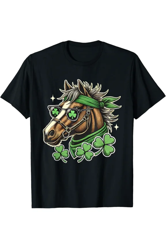 Irish Leprechaun Horse Shamrock St Patricks Day Animal Funny T-Shirt All Size S-5Xl