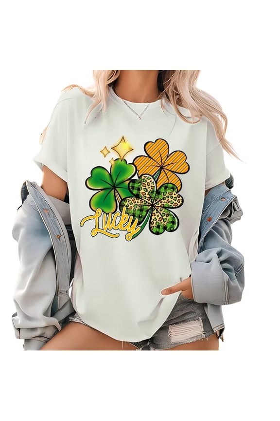 Irish Lucky Holiday Party Novelty Lucky St Patricks Day Leopard Plaid Clover Graphic Tees T Shirt Tops Cotton Short Sleeve White S-5XL