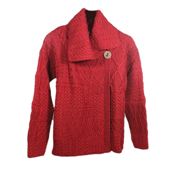 Irish Merino Wool Cardigan One Button Cable Knitted Sweater for Women by Aran Woollen Mills