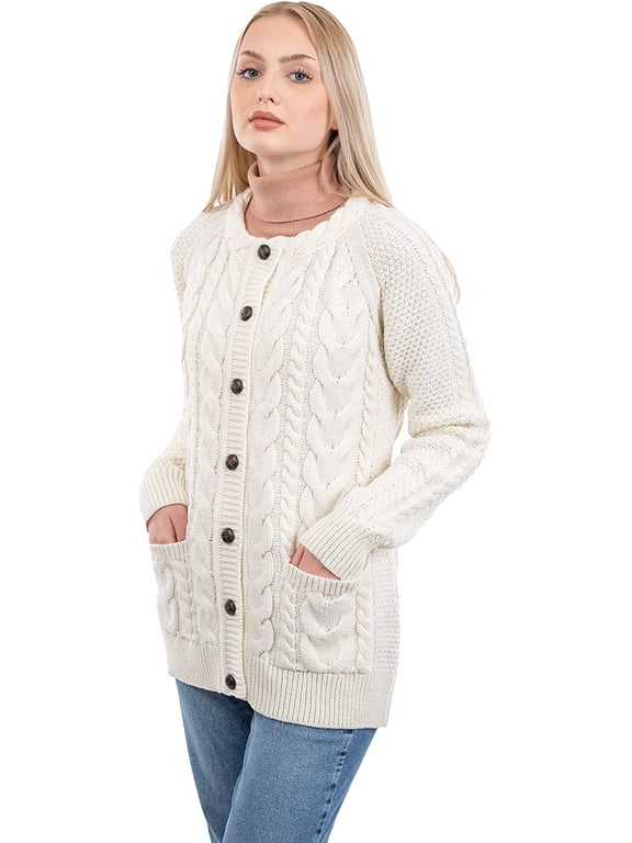 Irish Merino Wool Lumber Cardigan for Women's Cable Jacket with Buttons and Pockets Made in Ireland