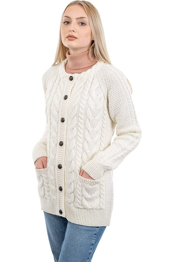 Irish Merino Wool Lumber Cardigan for Women's Cable Jacket with Buttons and Pockets Made in Ireland