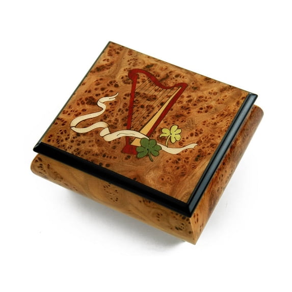 Irish Music Box W. Celtic Harp, Green Clovers & Ribbon - Pearly Shells
