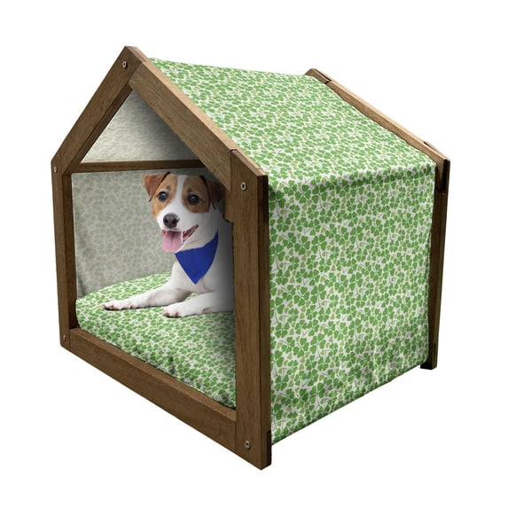 Irish Pet House, Gaelic Nature Garden Theme Spring Clovers with Hearts Freshness, Outdoor & Indoor Portable Dog Kennel with Pillow and Cover, 5 Sizes, Lime Green Pistachio, by Ambesonne