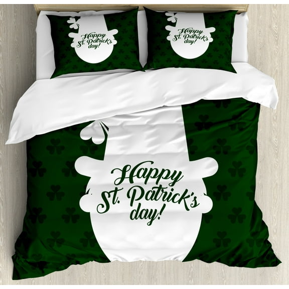 Irish Pub Duvet Cover Set King Size, Leprechaun Hat Silhouette with Clovers and Happy St Patrick's Day, Decorative 3 Piece Bedding Set with 2 Pillow Shams, Emerald Dark Green White, by Ambesonne