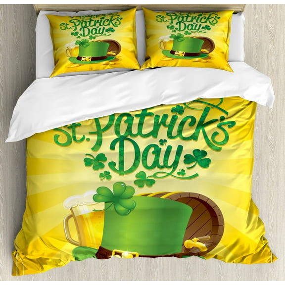 Irish Pub Duvet Cover Set, St Patrick's Day Celebration with Beer Clover Leprechaun Hat, Decorative 3 Piece Bedding Set with 2 Pillow Shams, Calking Size, Earth Yellow Green, by Ambesonne