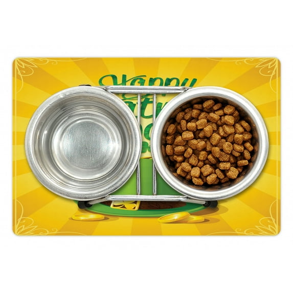 Irish Pub Pet Mat for Food and Water, St Patrick's Day Celebration with Beer Clover Leprechaun Hat, Non-Slip Rubber Mat for Dogs and Cats, 18" X 12", by Ambesonne