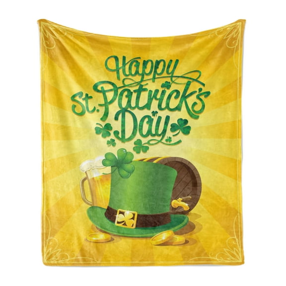 Irish Pub Soft Flannel Fleece Throw Blanket, St Patrick's Day Celebration with Beer Clover Leprechaun Hat, Cozy Plush for Indoor and Outdoor Use, 60" x 80", Earth Yellow Green, by Ambesonne