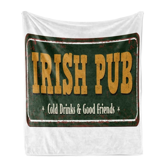 Irish Pub Soft Flannel Fleece Throw Blanket, Vintage Grunge Bar Sign with Cold Drinks and Friends, Cozy Plush for Indoor and Outdoor Use, 50" x 60", Dark Green Dark Yellow, by Ambesonne