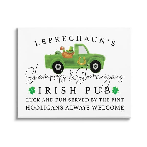 Irish Pub Whimsical Leprechaun Green Shamrock Details Inspirational Graphic Art Gallery-Wrapped Canvas Print Wall Art