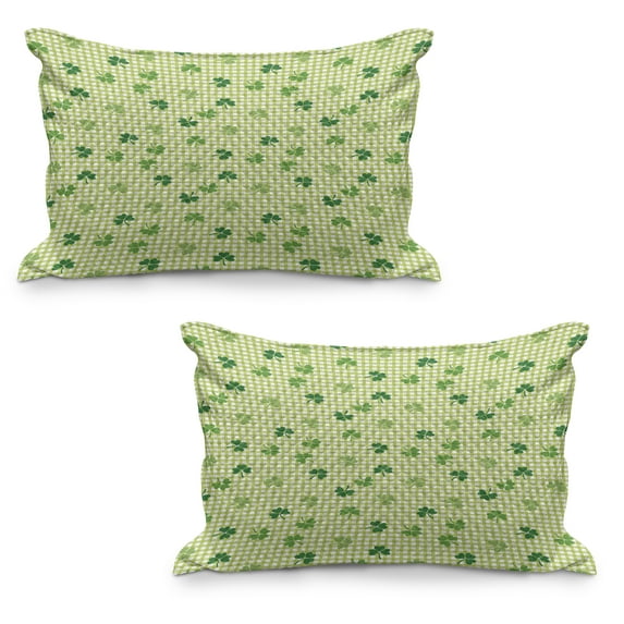 Irish Quilted Pillowcover Set of 2, Retro Classical Checkered Pattern with Green Shamrocks Clovers Garden Plants, Standard Queen Size Pillow Cover for Bedroom, 30" x 20", Multicolor, by Ambesonne
