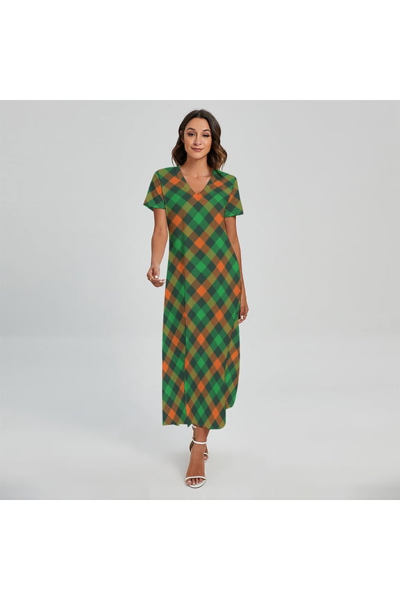 Irish Saint Patrick'S Day Plaid Printed Short Sleeve Maxi Dress, Irish St. Patrick'S Day Fashion Summer Maxi Dress For Women