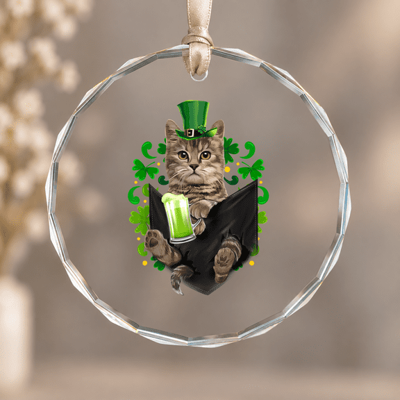 Irish Saint Patrick's Shamrock Serious Cat Christmas Ornament, Pet Lover Holiday Gift, Circle Glass Ornament