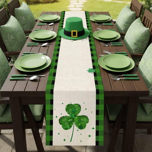 Irish Saint Patricks Green Shamrock Table Runners 13x90 Inches Long Linen Burlap Table Runner, Green Clovers Black Plaid Tablerunners Dresser Scarf for Kitchen Dining Holiday Party Wedding Gathering