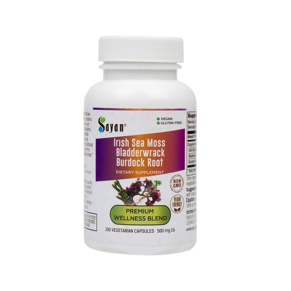 Sayan Irish Sea Moss, Bladderwrack, and Burdock Root Capsules (100 Count, 500mg)