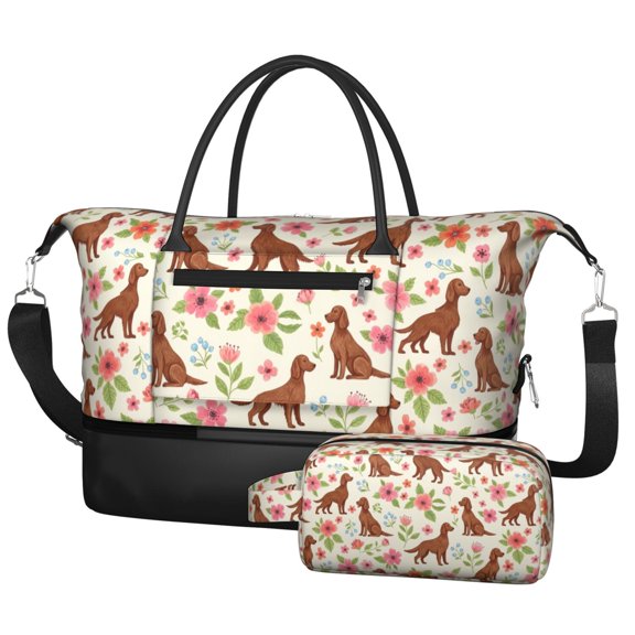 Irish Setter and Floral Beige Pattern 2 Piece Travel Bag Set, Camping Weekend Bag with Shoe Compartment, Detachable Shoulder Strap Gift Ideas for Work Picnic Beach Travel