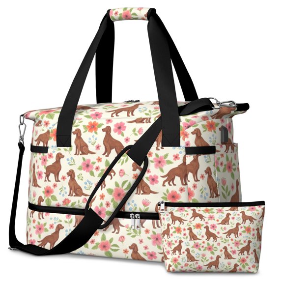 Irish Setter and Floral Beige Pattern Gym Duffel Bag 2 Piece Set, Sports Tote with Shoe Compartment & Toiletry Bag, USB Charging Port Gifts for Gym Travel Weekend,18.5 X 8.7 X 14.2 Inches