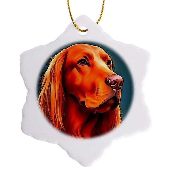 3drose, Irish Setter Pet Portrait Black Outline Art, 3 inch Snowflake Porcelain Ornament