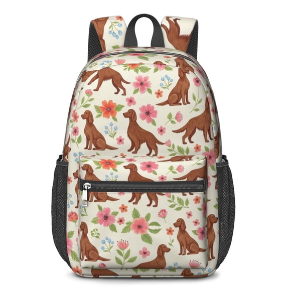 Irish Setter and Floral Beige Pattern 17" School Backpacks for Teens,Waterproof Oxford Fabric,S-Shape Padded Straps for School,Travel,Hiking,Camping