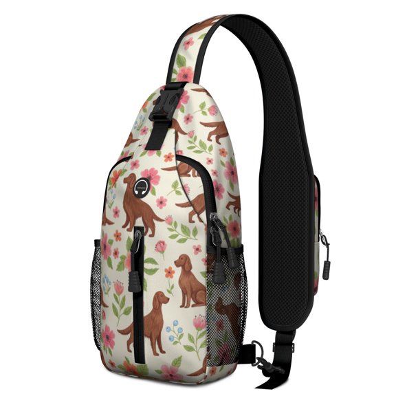 Irish Setter and Floral Beige Pattern Sling Backpack, Cycling Sling Bag with Earphone Port, Multi Pocket Design Gift Ideas for Hiking Cycling Walking