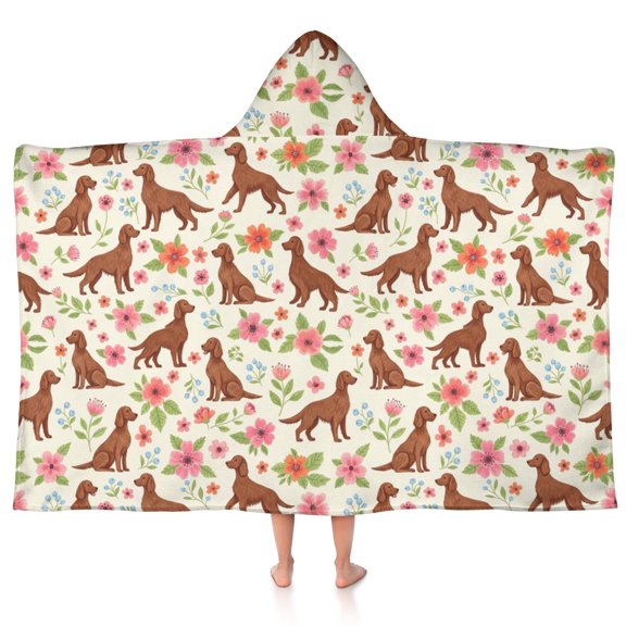 Irish Setter and Floral Beige Pattern Teens Hooded Bath Towel Wrap for Ages 3 To 12,Quick Dry Lightweight Soft Microfiber Bath Beach Pool,50"x30"