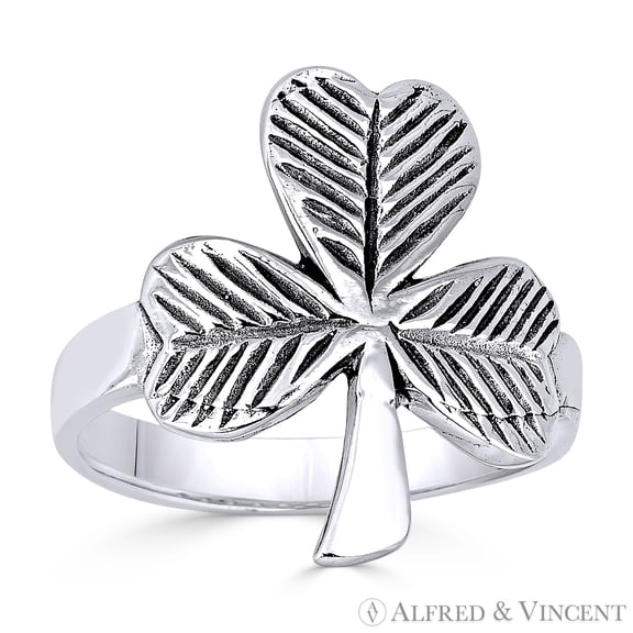 Irish Shamrock 3-Leaf Clover Irish / Celtic Charm Ring in Oxidized .925 Sterling Silver