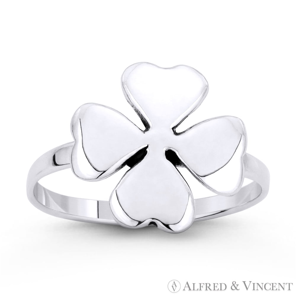 Irish Shamrock 4-Leaf Heart Clover Irish / Celtic Luck Charm Ring in .925 Sterling Silver