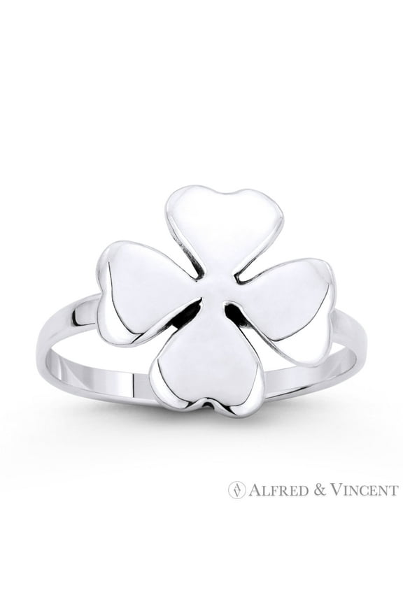 Irish Shamrock 4-Leaf Heart Clover Irish / Celtic Luck Charm Ring in .925 Sterling Silver