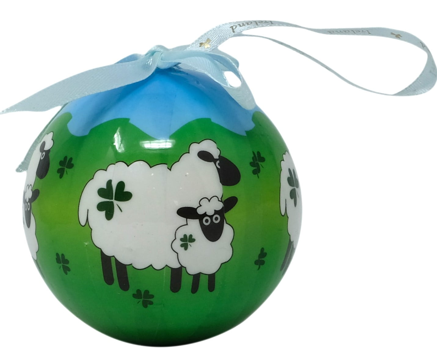 Green and Blue Plastic Irish Sheep and Shamrock Christmas Bauble